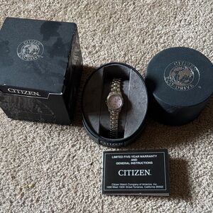 Citizen eco drive pink stainless steel watch with box and paperwork warranty